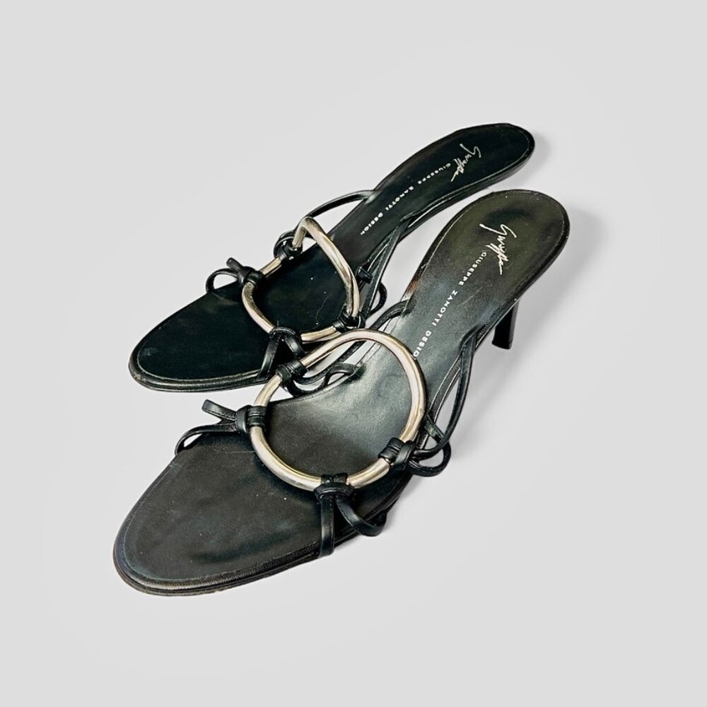 Giuseppe Zanotti High-Heeled Sandals with  Sculptural Silver Ring Art, 9B